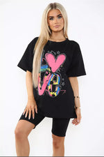Load image into Gallery viewer, “Love” Cycling Short &amp; T-Shirts Co-Ord Two Piece Side Slit Set

