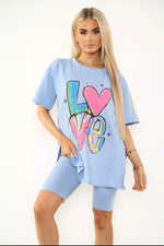 Load image into Gallery viewer, “Love” Cycling Short &amp; T-Shirts Co-Ord Two Piece Side Slit Set
