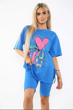 Load image into Gallery viewer, “Love” Cycling Short &amp; T-Shirts Co-Ord Two Piece Side Slit Set
