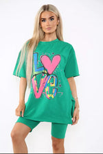 Load image into Gallery viewer, “Love” Cycling Short &amp; T-Shirts Co-Ord Two Piece Side Slit Set
