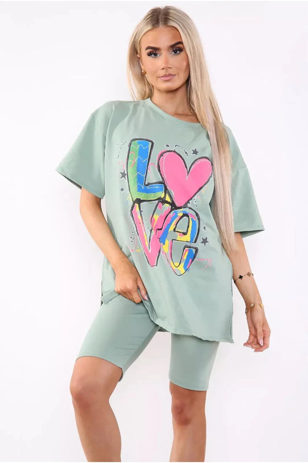 “Love” Cycling Short & T-Shirts Co-Ord Two Piece Side Slit Set