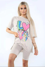 Load image into Gallery viewer, “Love” Cycling Short &amp; T-Shirts Co-Ord Two Piece Side Slit Set
