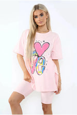 Load image into Gallery viewer, “Love” Cycling Short &amp; T-Shirts Co-Ord Two Piece Side Slit Set
