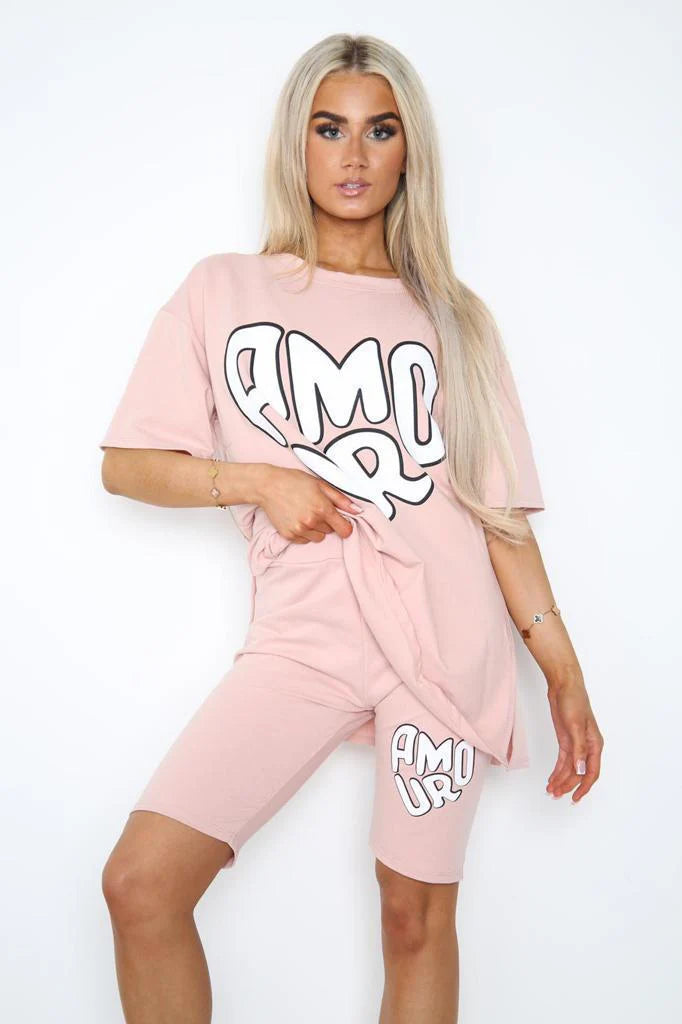 “Amour” Cycling Short and T-Shirts Co-Ord Two Piece Side Slit Set