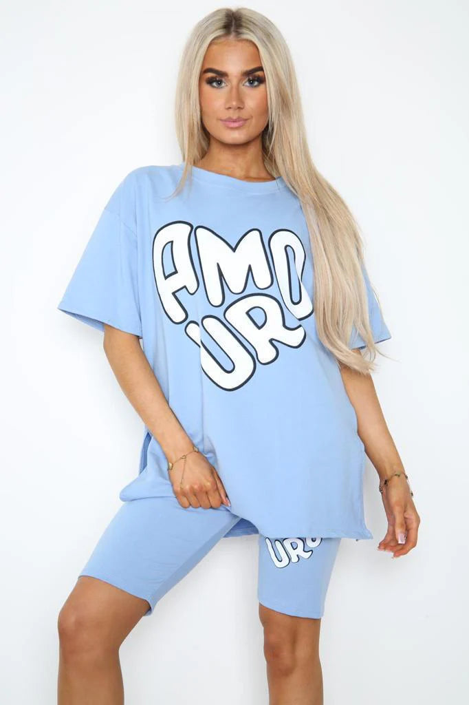 “Amour” Cycling Short and T-Shirts Co-Ord Two Piece Side Slit Set