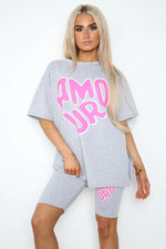 Load image into Gallery viewer, “Amour” Cycling Short and T-Shirts Co-Ord Two Piece Side Slit Set
