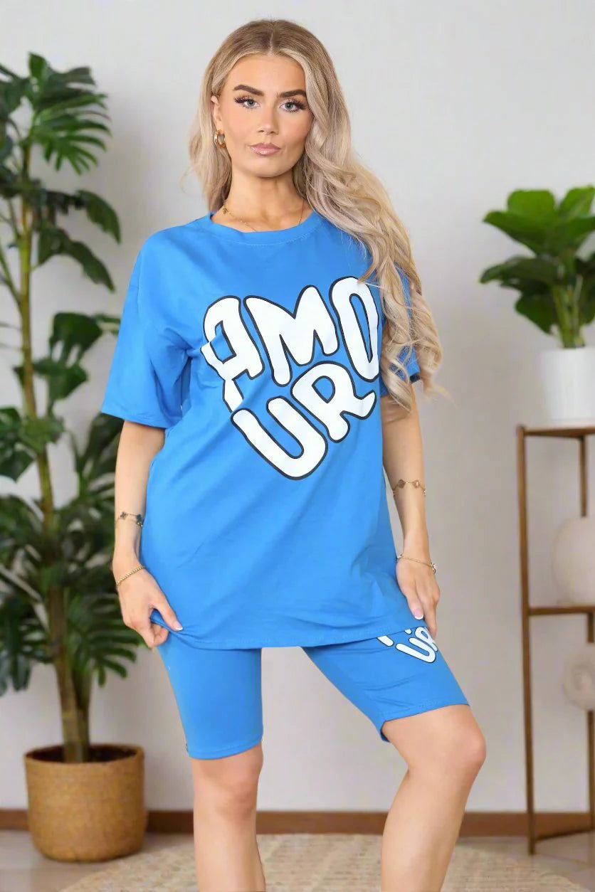 “Amour” Cycling Short and T-Shirts Co-Ord Two Piece Side Slit Set