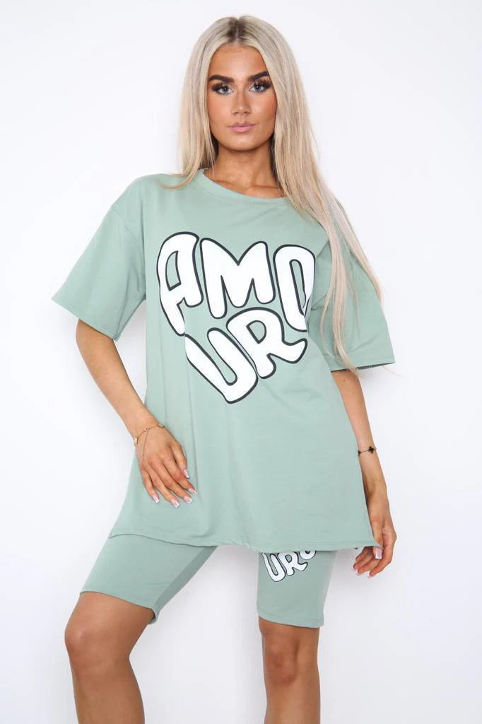 “Amour” Cycling Short and T-Shirts Co-Ord Two Piece Side Slit Set