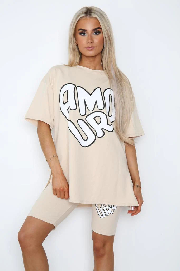 “Amour” Cycling Short and T-Shirts Co-Ord Two Piece Side Slit Set