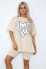 Load image into Gallery viewer, “Amour” Cycling Short and T-Shirts Co-Ord Two Piece Side Slit Set
