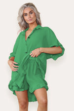 Load image into Gallery viewer, Oversized Pleated Frilled Ruffle Top &amp; Short Co-Ord Set

