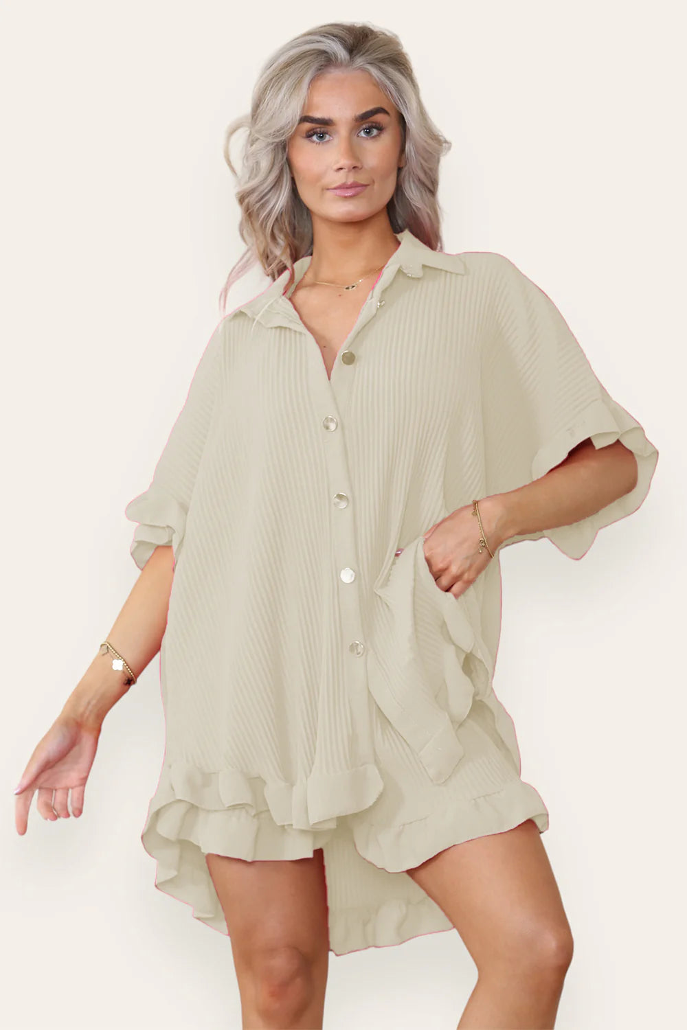 Oversized Pleated Frilled Ruffle Top & Short Co-Ord Set