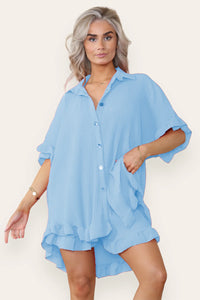 Oversized Pleated Frilled Ruffle Top & Short Co-Ord Set