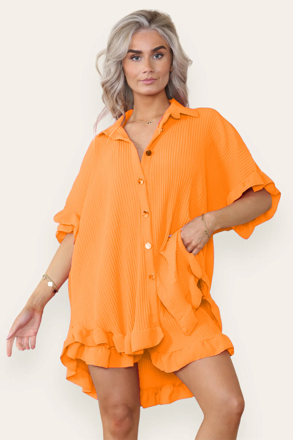 Oversized Pleated Frilled Ruffle Top & Short Co-Ord Set
