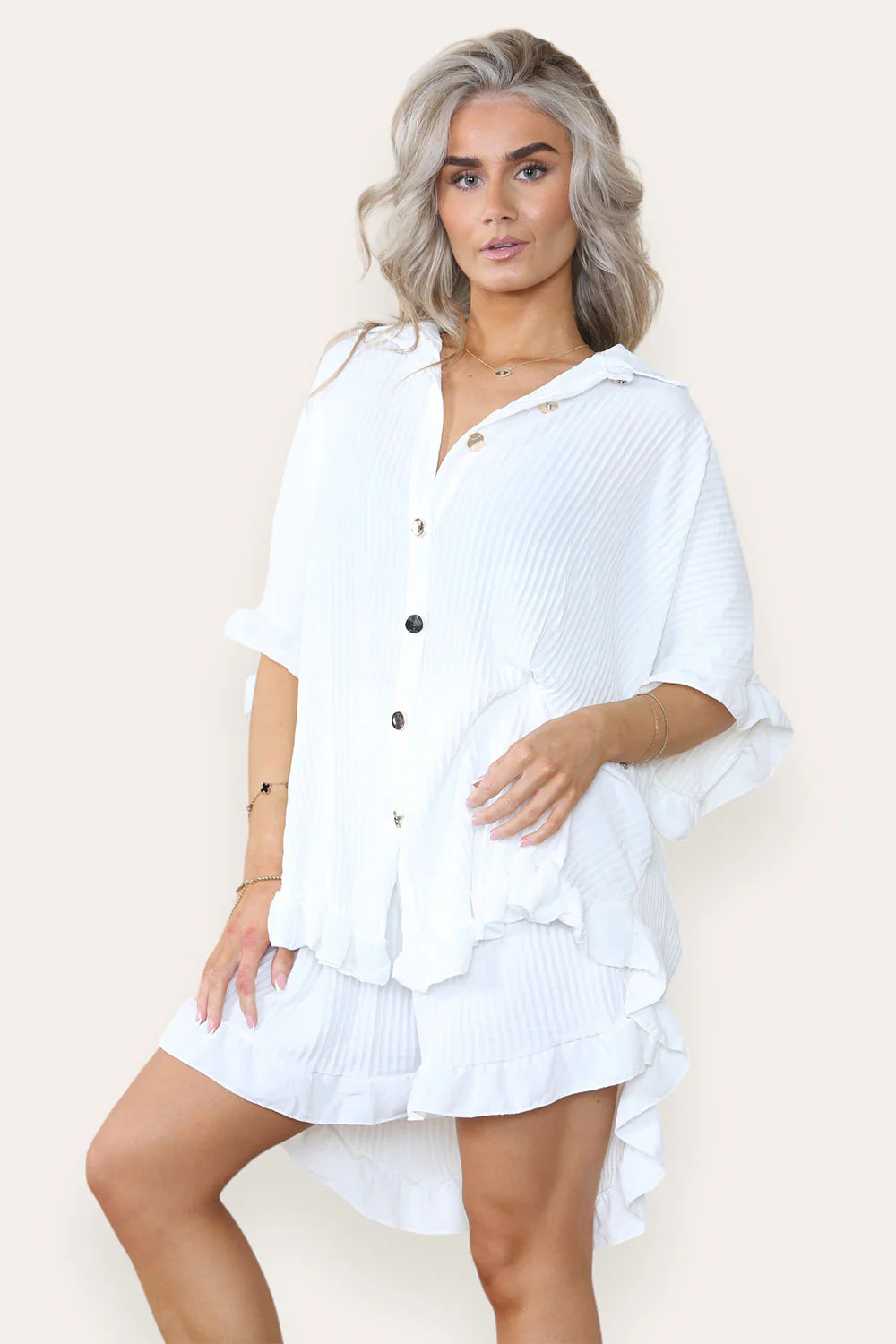 Oversized Pleated Frilled Ruffle Top & Short Co-Ord Set