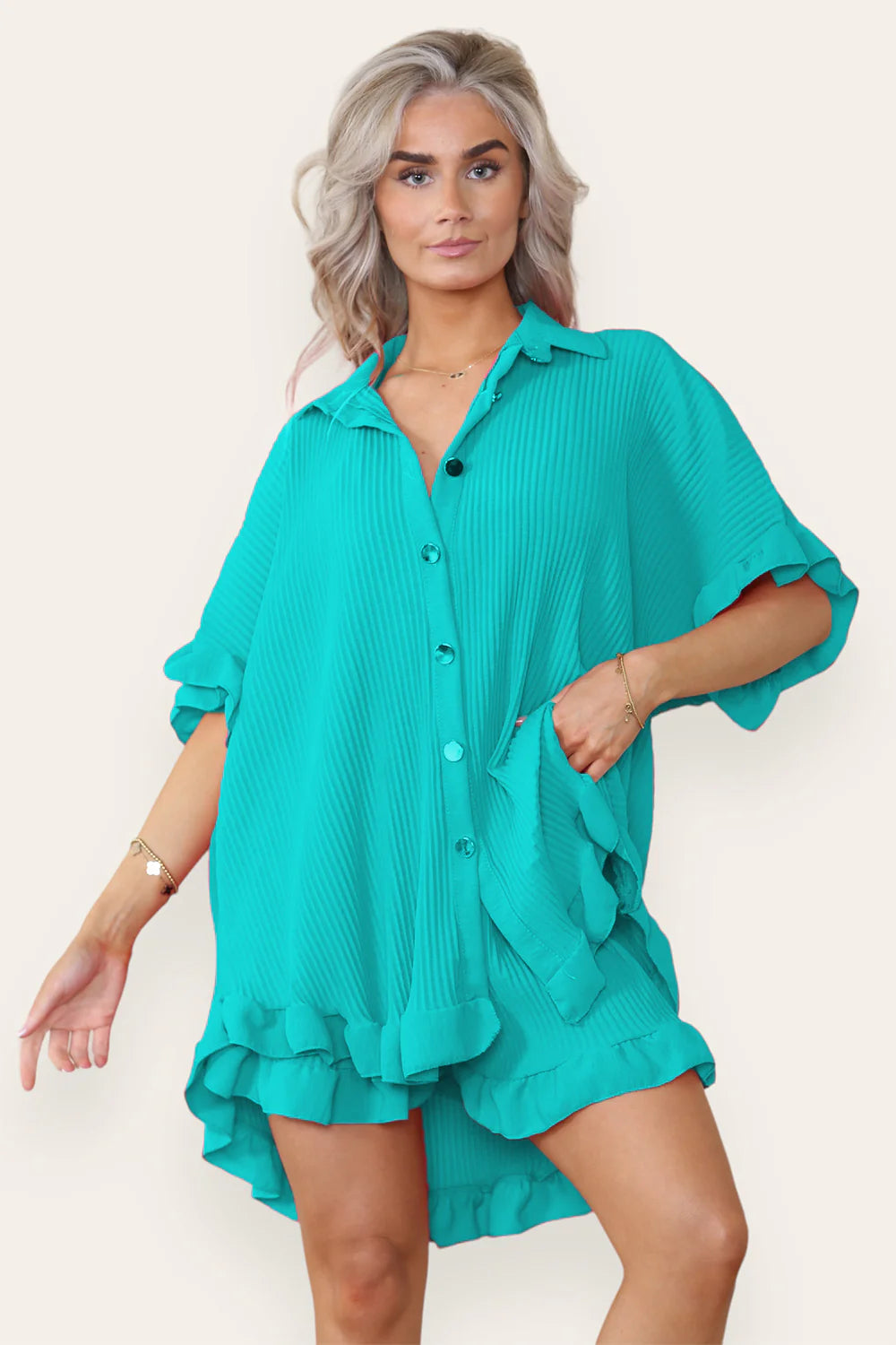 Oversized Pleated Frilled Ruffle Top & Short Co-Ord Set