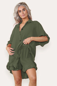 Oversized Pleated Frilled Ruffle Top & Short Co-Ord Set