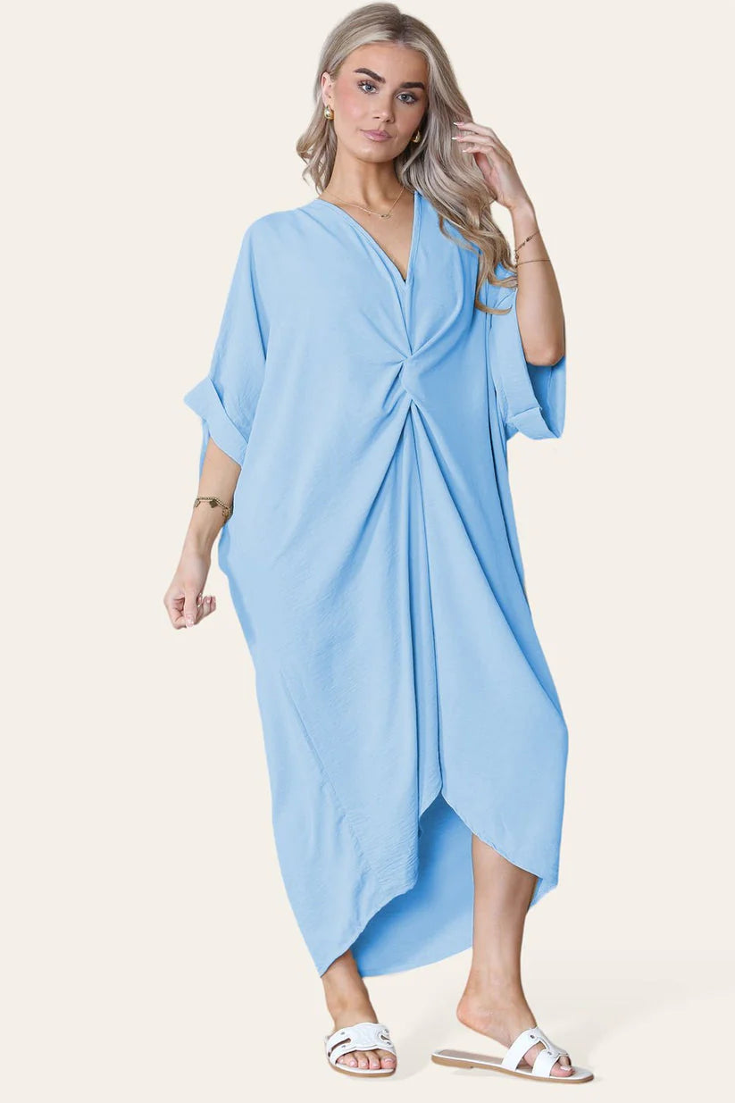 V-Neck Tie Knotted Twisted Front Oversized Longline Midi Dress