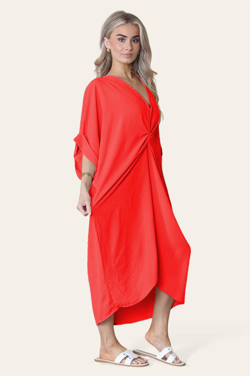 V-Neck Tie Knotted Twisted Front Oversized Longline Midi Dress