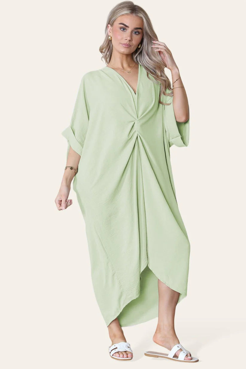 V-Neck Tie Knotted Twisted Front Oversized Longline Midi Dress