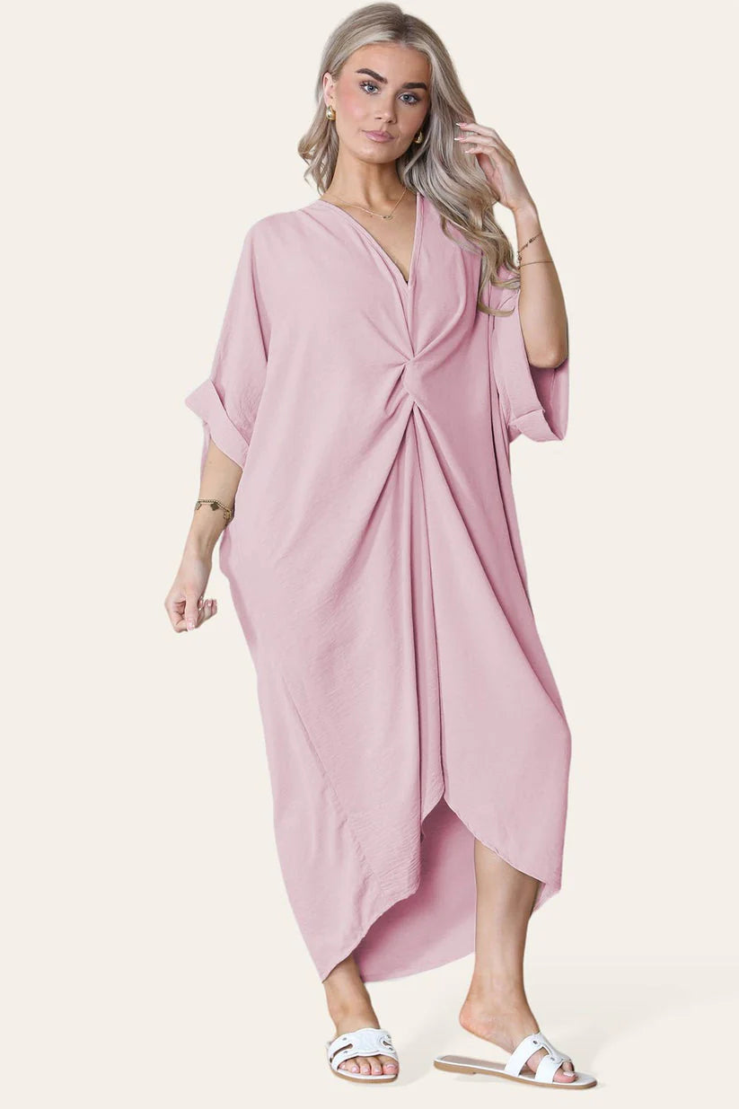 V-Neck Tie Knotted Twisted Front Oversized Longline Midi Dress