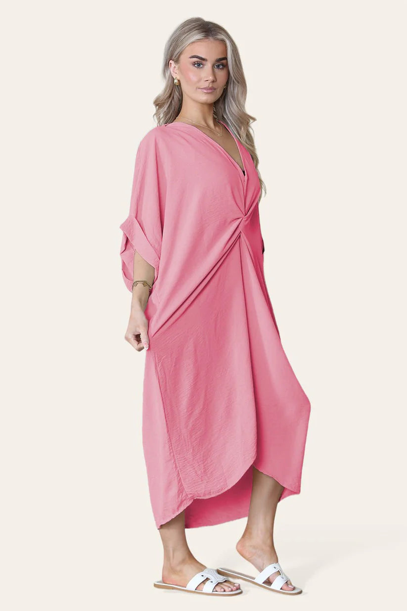 V-Neck Tie Knotted Twisted Front Oversized Longline Midi Dress
