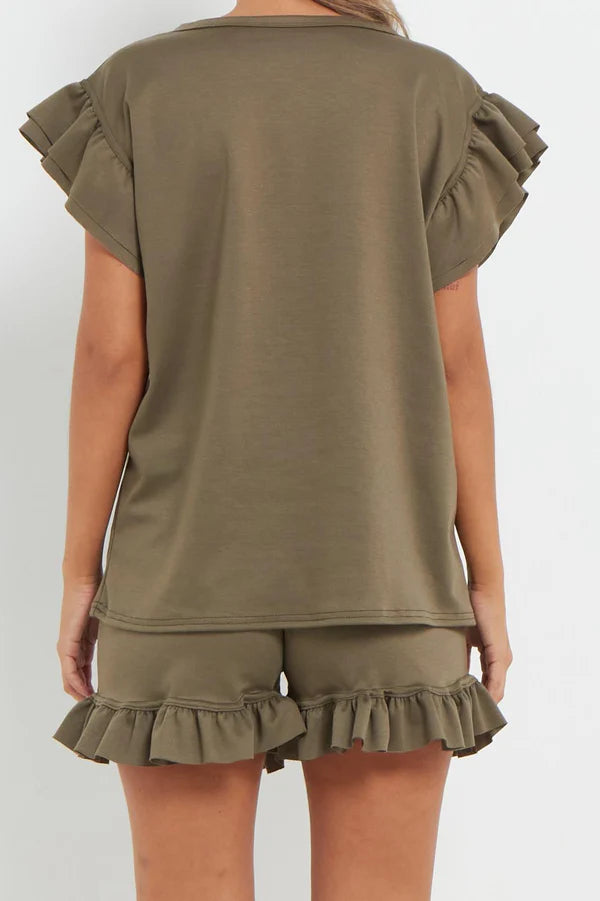 V-Neck Frill Peplum Sleeve Top & Short 2 Piece Set