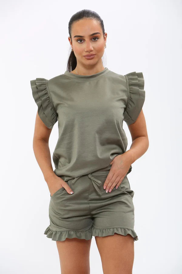 Frill Peplum Sleeve Top & Short 2 Piece Set