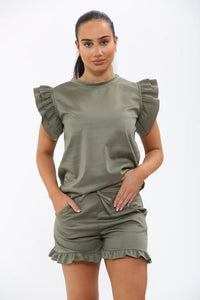 Frill Peplum Sleeve Top & Short 2 Piece Set