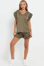 Load image into Gallery viewer, V-Neck Frill Peplum Sleeve Top &amp; Short 2 Piece Set
