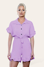 Load image into Gallery viewer, Pleated Ruffle Shirt Short Playsuit With Frill Hems
