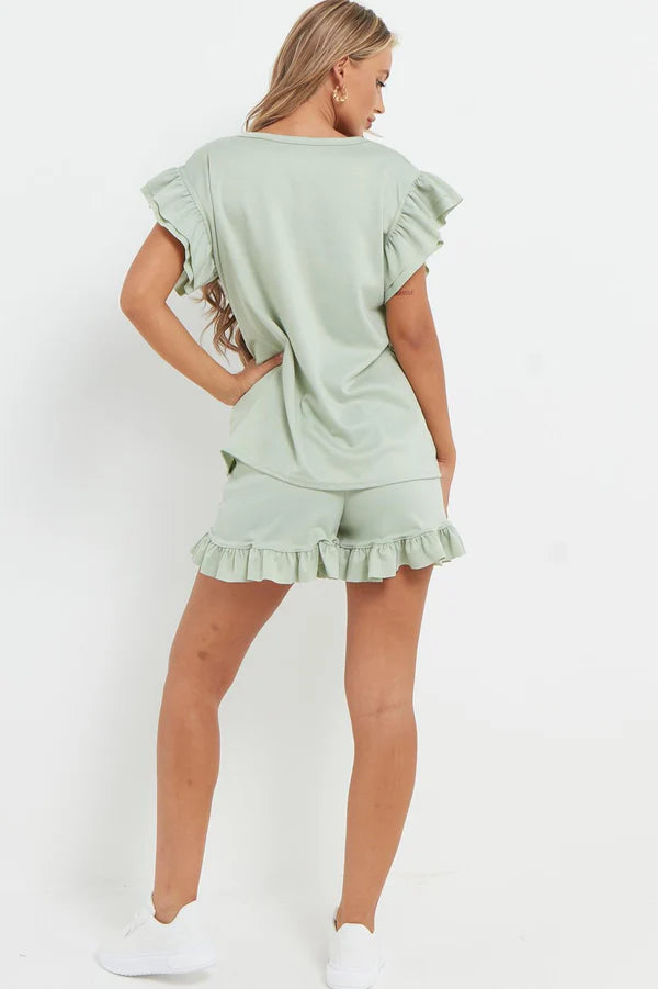 V-Neck Frill Peplum Sleeve Top & Short 2 Piece Set
