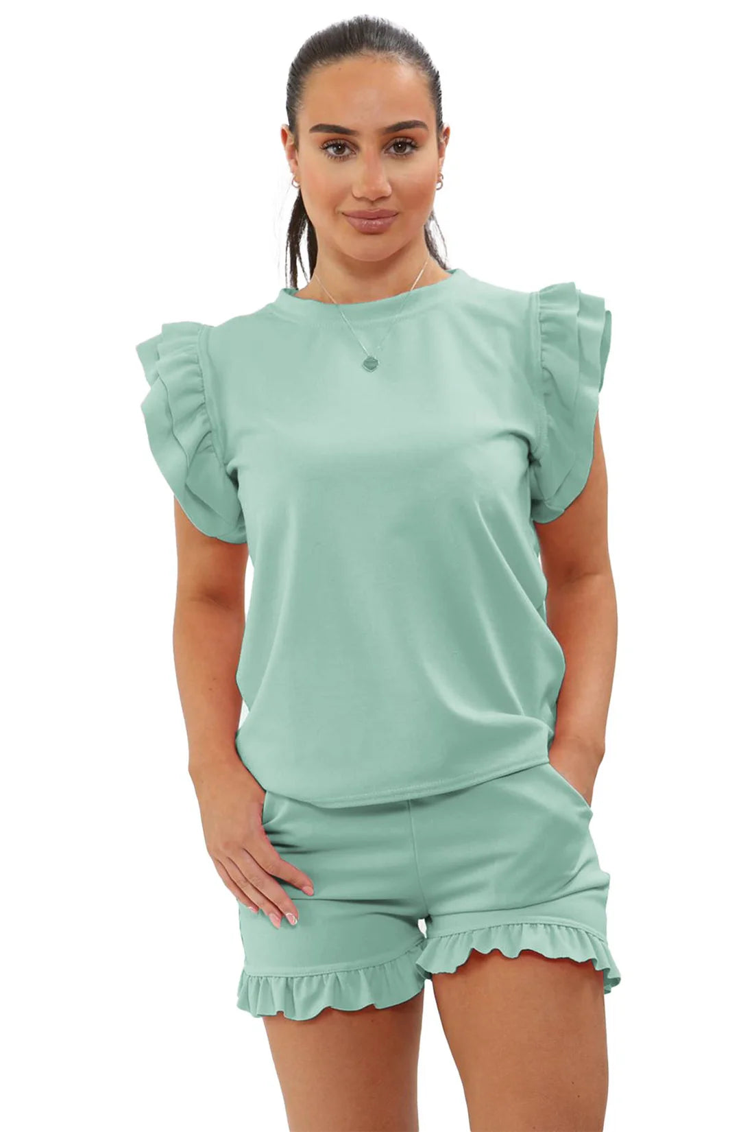 Frill Peplum Sleeve Top & Short 2 Piece Set