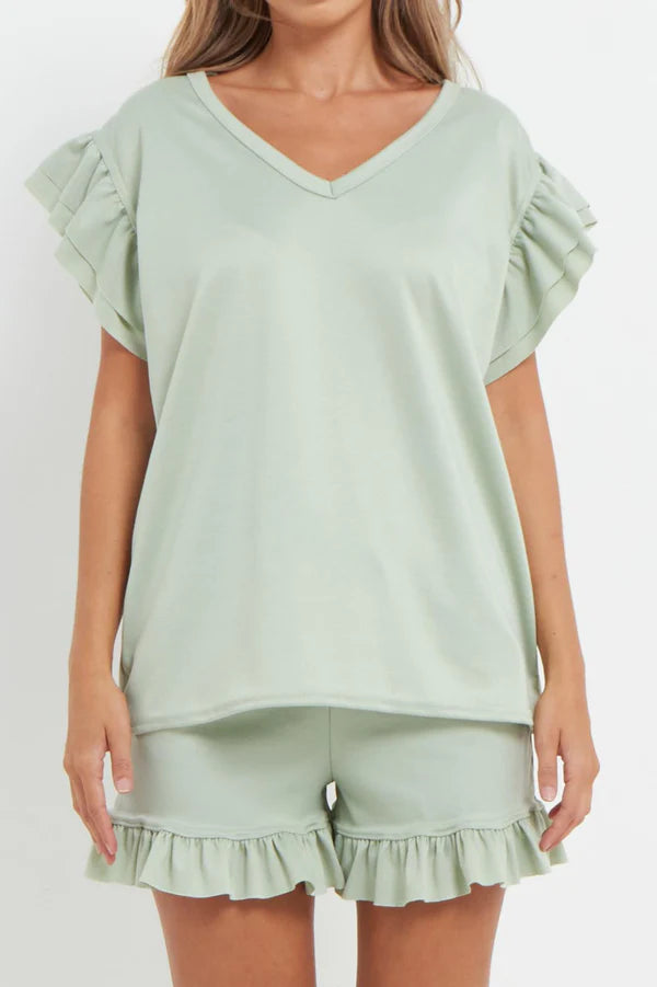 V-Neck Frill Peplum Sleeve Top & Short 2 Piece Set