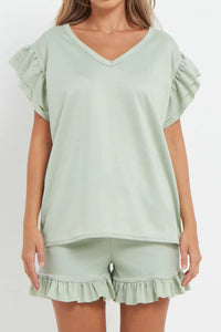 V-Neck Frill Peplum Sleeve Top & Short 2 Piece Set