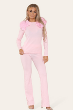 Load image into Gallery viewer, Ruffle Frill Shoulder Ribbed Loungewear Co-Ord Top &amp; Trouser Set
