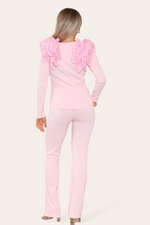 Load image into Gallery viewer, Ruffle Frill Shoulder Ribbed Loungewear Co-Ord Top &amp; Trouser Set
