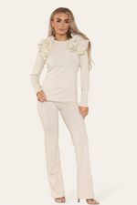 Load image into Gallery viewer, Ruffle Frill Shoulder Ribbed Loungewear Co-Ord Top &amp; Trouser Set
