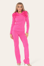 Load image into Gallery viewer, Ruffle Frill Shoulder Ribbed Loungewear Co-Ord Top &amp; Trouser Set
