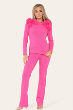 Load image into Gallery viewer, Ruffle Frill Shoulder Ribbed Loungewear Co-Ord Top &amp; Trouser Set

