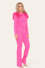 Load image into Gallery viewer, Ruffle Frill Shoulder Ribbed Loungewear Co-Ord Top &amp; Trouser Set
