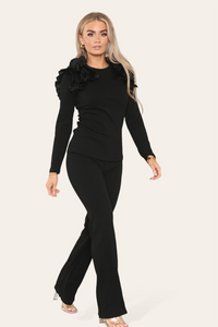 Ruffle Frill Shoulder Ribbed Loungewear Co-Ord Top & Trouser Set