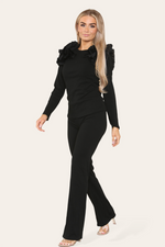 Load image into Gallery viewer, Ruffle Frill Shoulder Ribbed Loungewear Co-Ord Top &amp; Trouser Set
