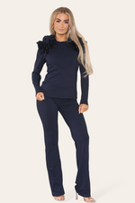 Load image into Gallery viewer, Ruffle Frill Shoulder Ribbed Loungewear Co-Ord Top &amp; Trouser Set
