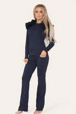 Load image into Gallery viewer, Ruffle Frill Shoulder Ribbed Loungewear Co-Ord Top &amp; Trouser Set
