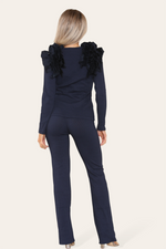 Load image into Gallery viewer, Ruffle Frill Shoulder Ribbed Loungewear Co-Ord Top &amp; Trouser Set
