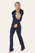 Load image into Gallery viewer, Ruffle Frill Shoulder Ribbed Loungewear Co-Ord Top &amp; Trouser Set
