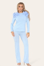 Load image into Gallery viewer, Ruffle Frill Shoulder Ribbed Loungewear Co-Ord Top &amp; Trouser Set
