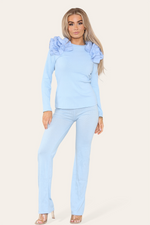 Load image into Gallery viewer, Ruffle Frill Shoulder Ribbed Loungewear Co-Ord Top &amp; Trouser Set
