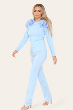 Load image into Gallery viewer, Ruffle Frill Shoulder Ribbed Loungewear Co-Ord Top &amp; Trouser Set
